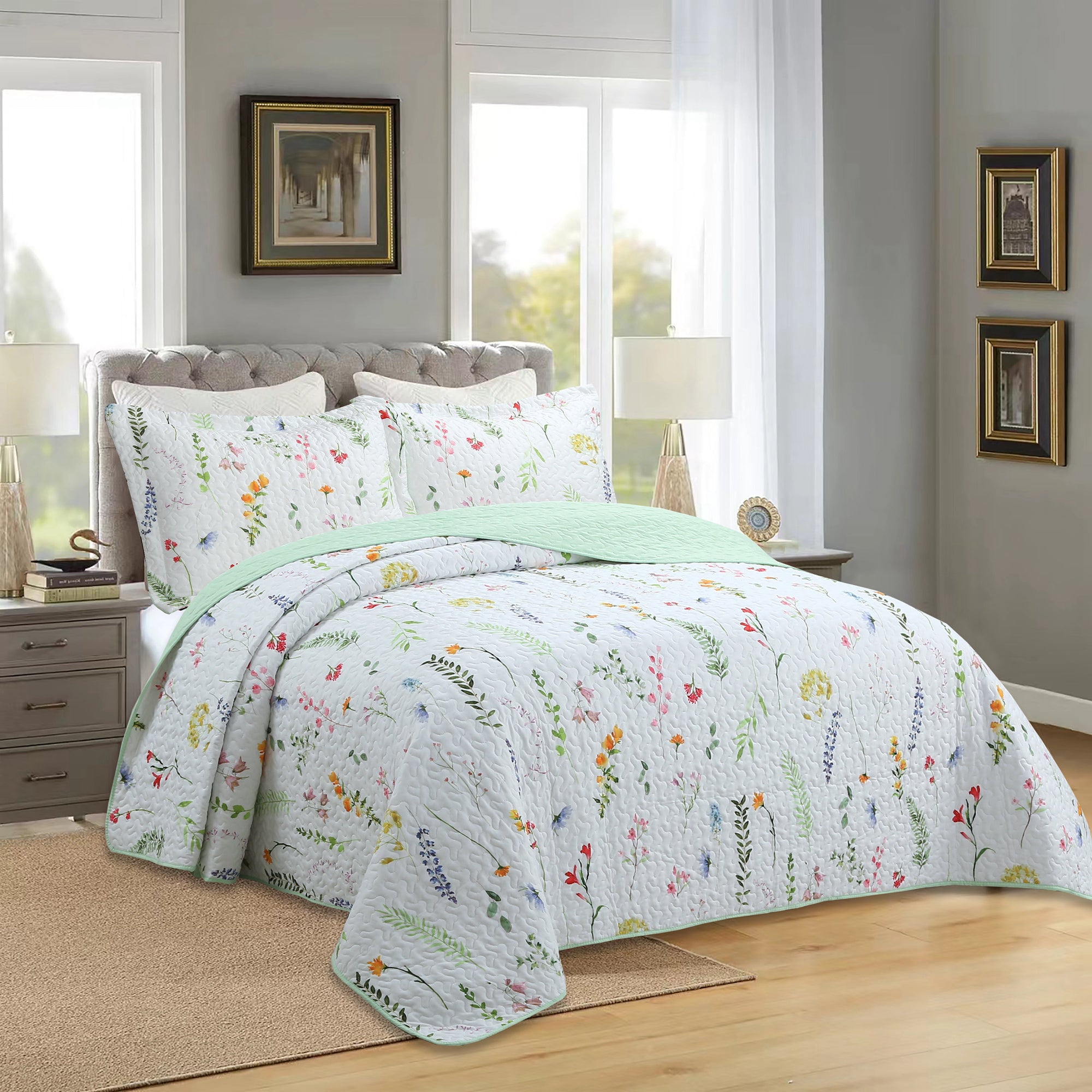 3 Piece Printed Floral Quilt Set Lightweight Bedspread Set ME505