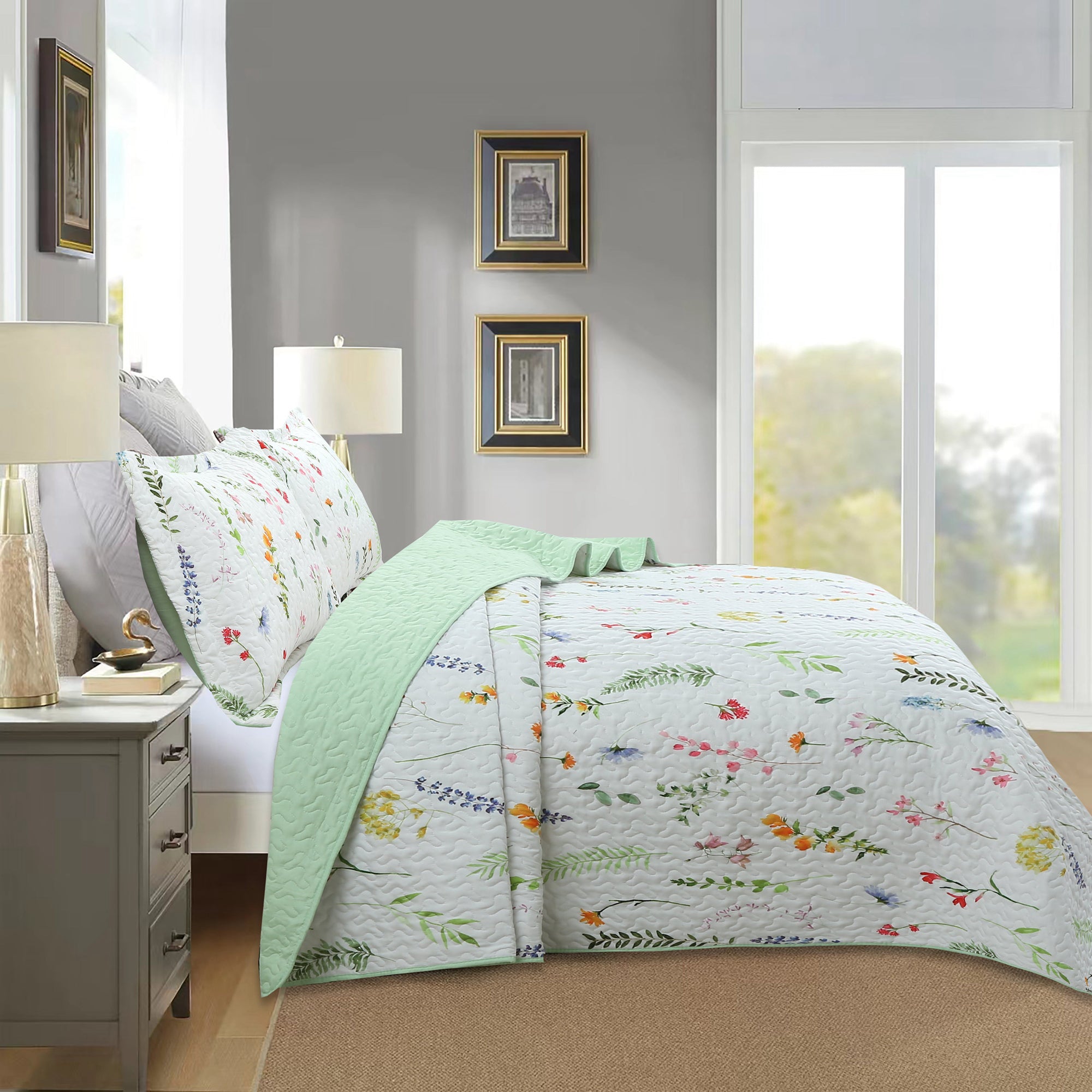 3 Piece Printed Floral Quilt Set Lightweight Bedspread Set ME505