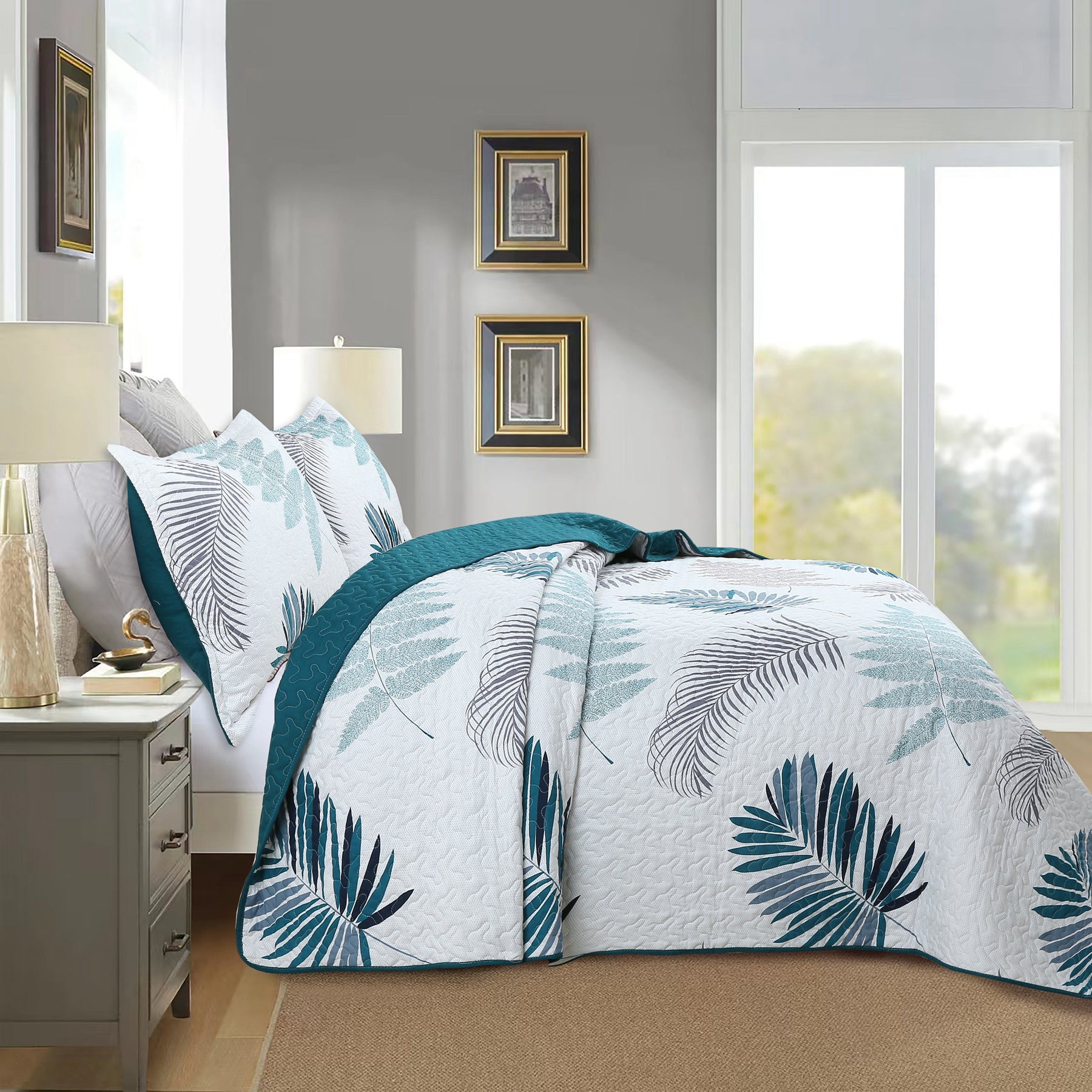 3 Piece Printed Leaf Quilt Set Lightweight Bedspread Set ME507