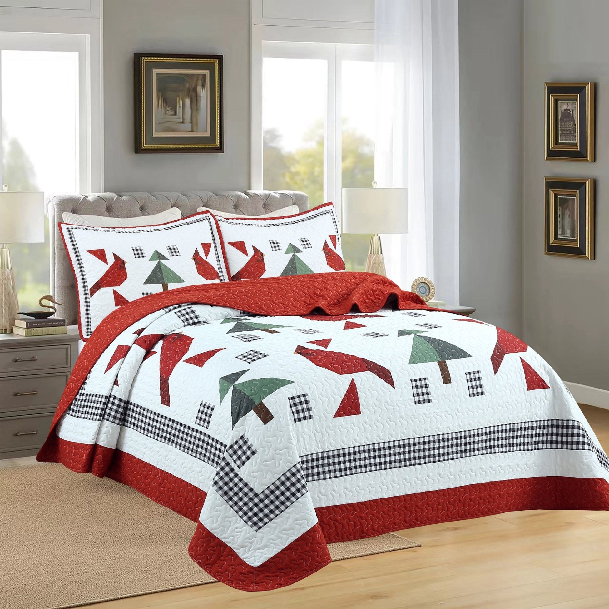 3 Pcs Winter Red Cardinals Christmas Quilt Bedspread Set ME509