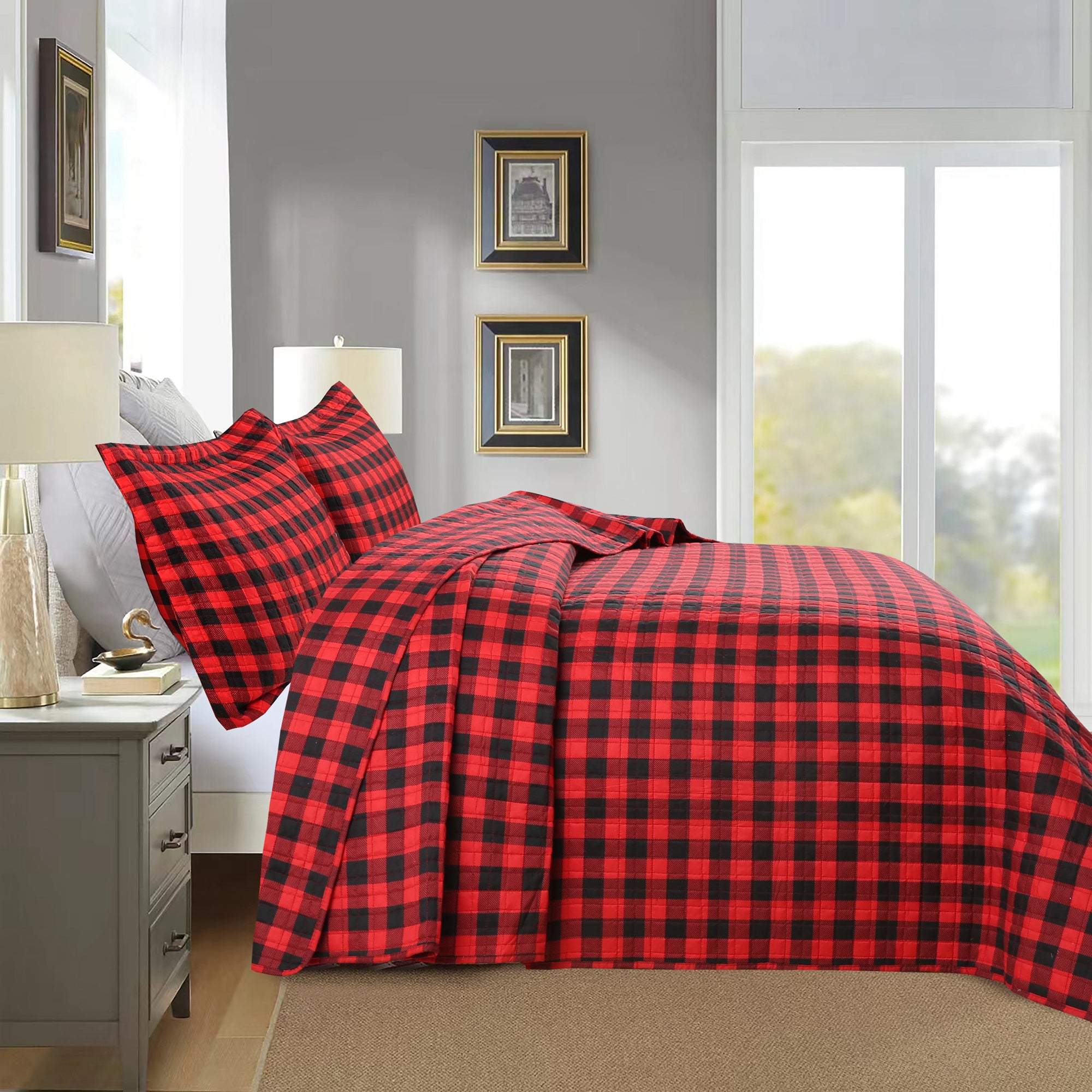 3 Pcs Christmas Red Buffalo Plaid Check Quilt Bedspread Set Gingham Bedding Set ME506