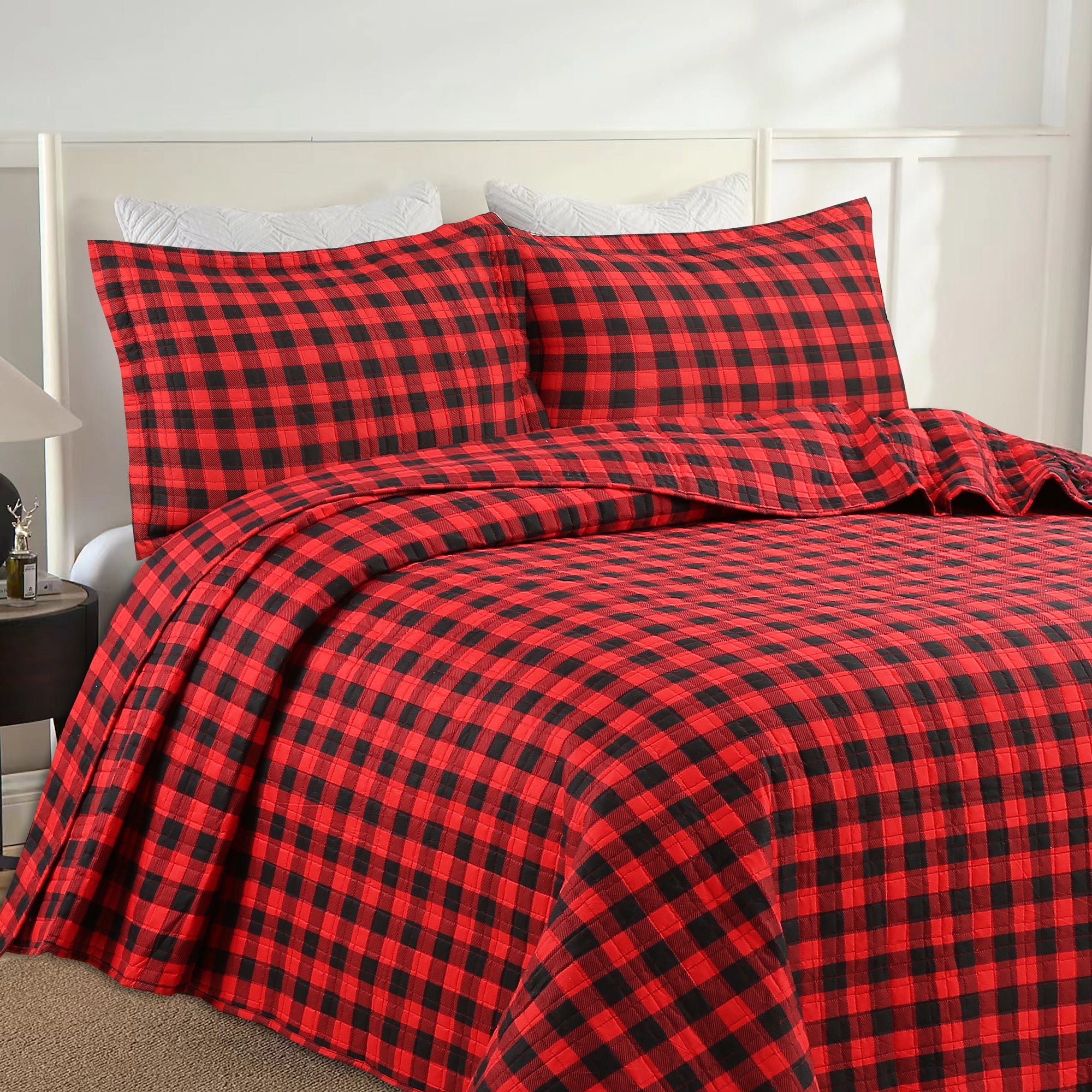 3 Pcs Christmas Red Buffalo Plaid Check Quilt Bedspread Set Gingham Bedding Set ME506