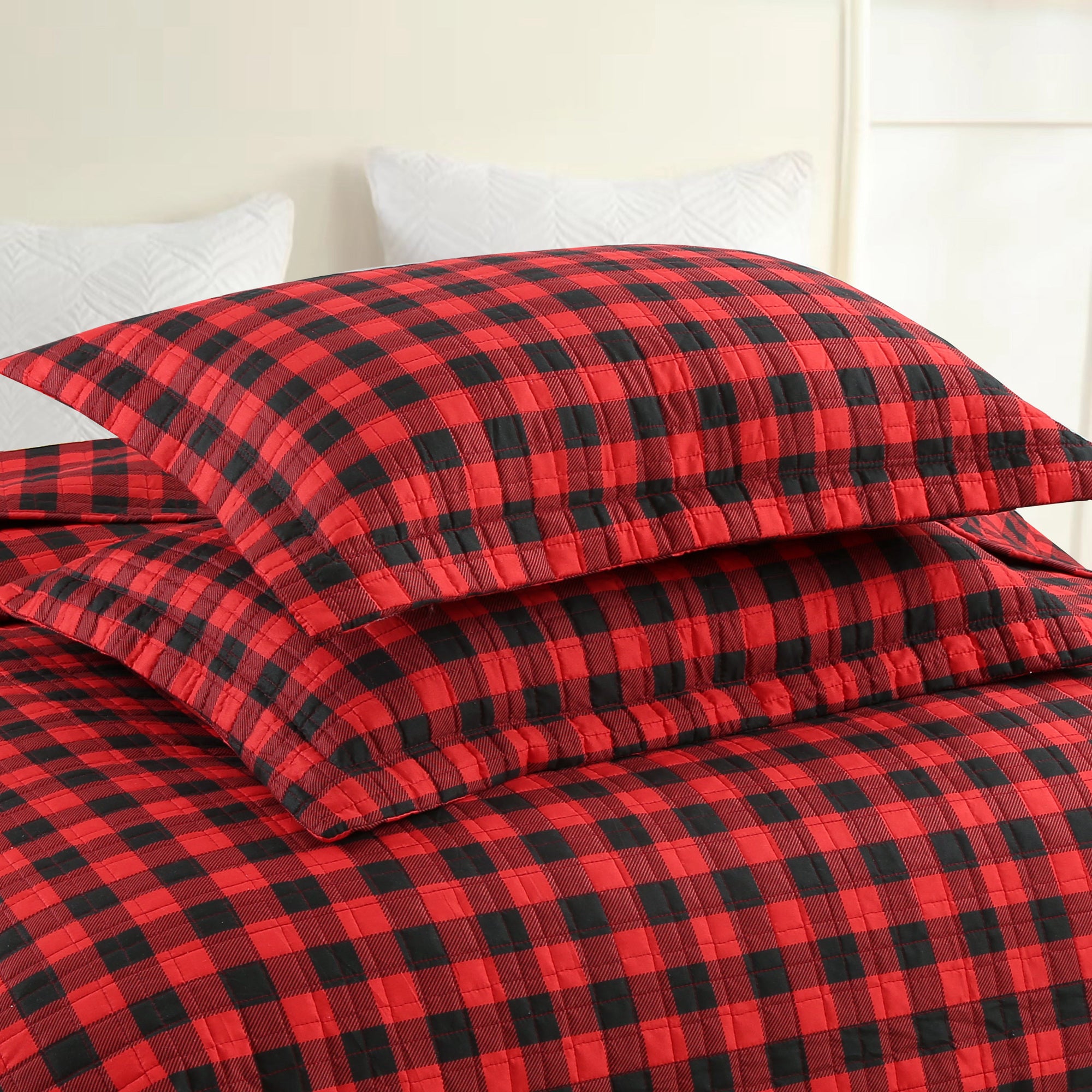 3 Pcs Christmas Red Buffalo Plaid Check Quilt Bedspread Set Gingham Bedding Set ME506