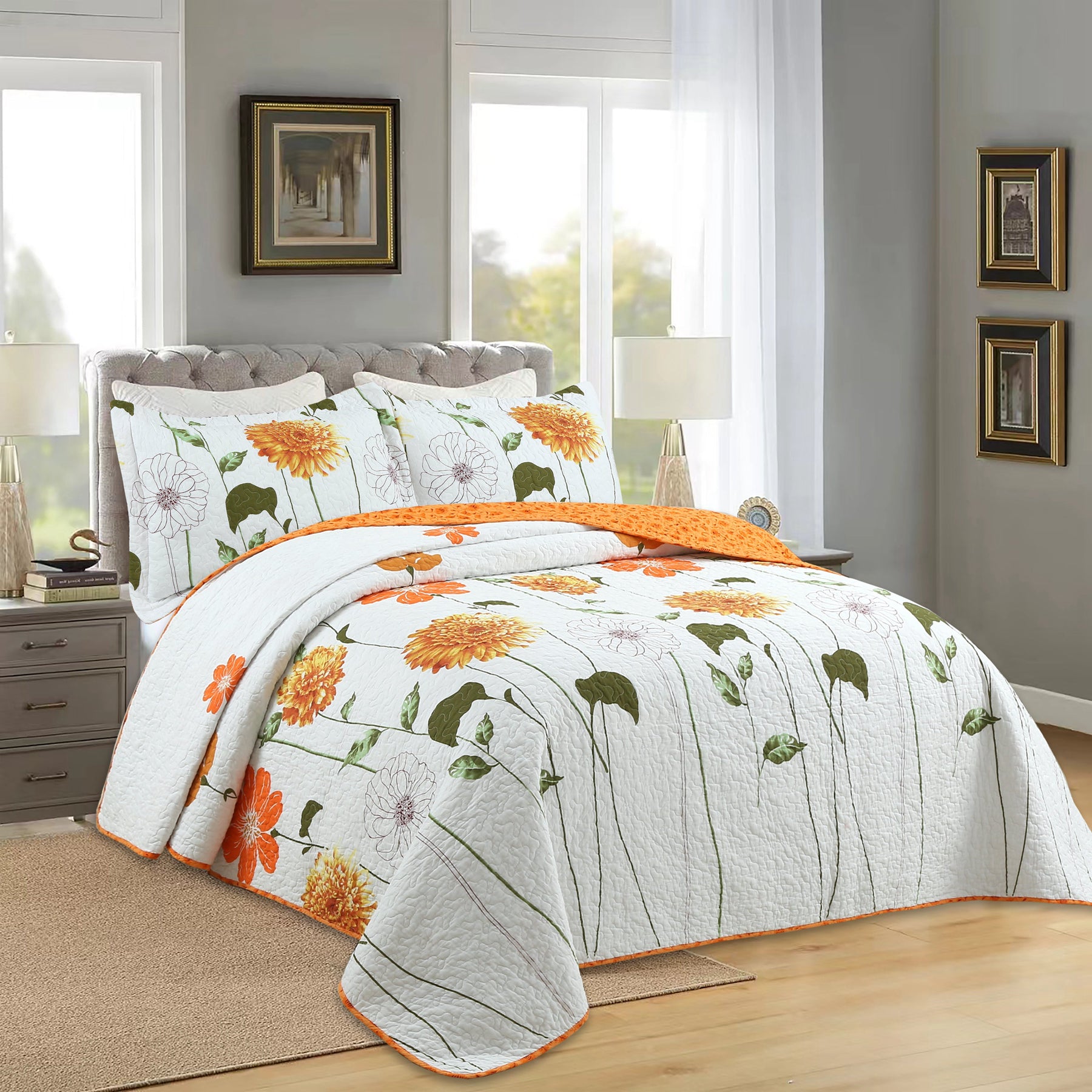 3 Piece 100% Cotton Printed Floral Quilt Set Lightweight Bedspread Set ME508