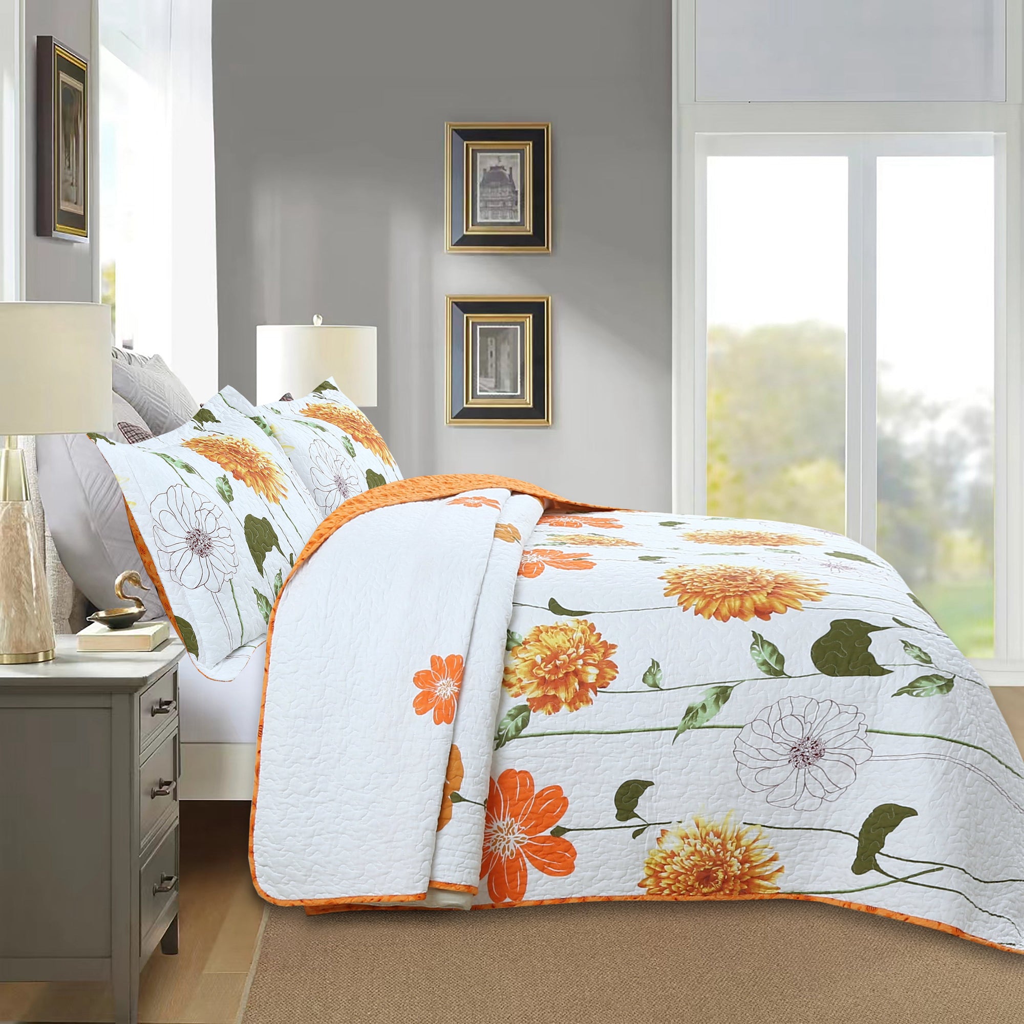 3 Piece 100% Cotton Printed Floral Quilt Set Lightweight Bedspread Set ME508