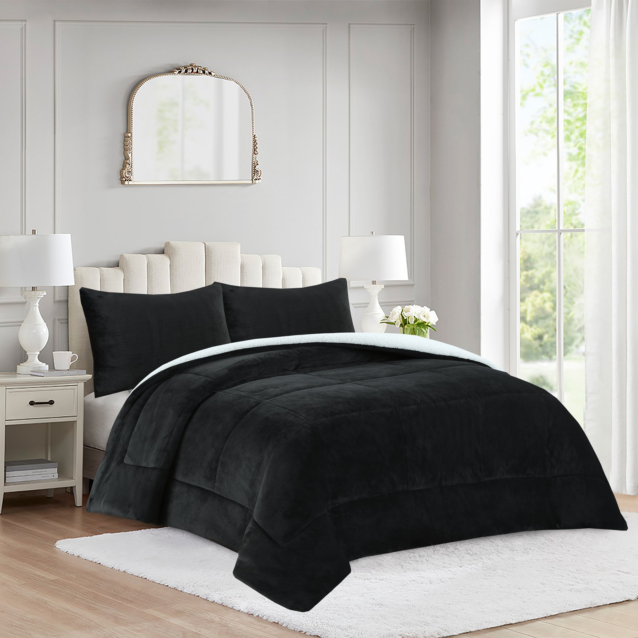 Soft Micromink Sherpa Comforter Set, 3-Piece Comforter Set – Fluffy Ultra Cozy, Warm, and Plush Reversible Comforter with 2 Pillowcase, Queen/King Size